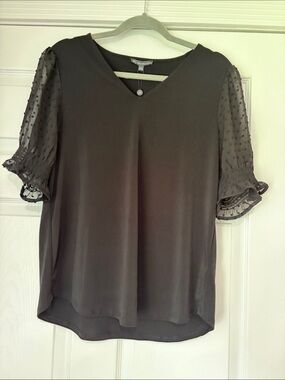 Final sale -Adrianna Papell nwt-L black V-Neck Swiss Dot Sleeve Blouse